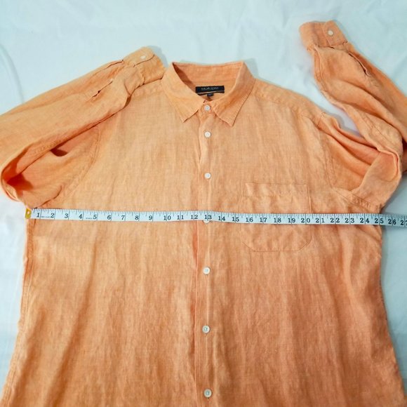 Murano European Fabric Mens XL Linen Long Sleeve Orange Peach Button-Up Shirt - Picture 8 of 12
